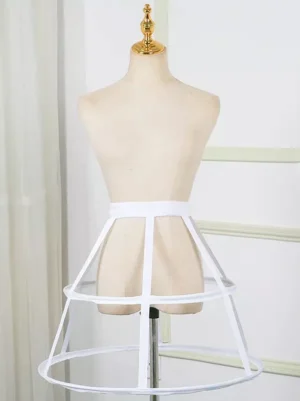 white lolita petticoat two-hoop cage crinoline underskirt front full length shot with flat woven waistband and white hoop tiers indoor background