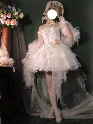 Vintage-inspired off-shoulder white fairy lolita jumper dress with puffy tulle skirt and long sheer train