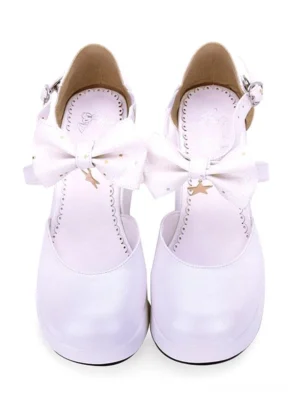 White PU Lolita flatform shoes front direct view with decorative bow star accent and thick platform sole