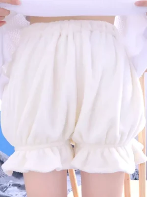 White fleece-lined lolita bloomers rear view showing ruffled ankle cuffs puffed silhouette and gathered waistband