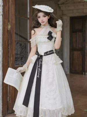 Elegant white lolita dress with cream lace bodice, black bow and letter sash, off-shoulder design with white gloves, front full view with book prop