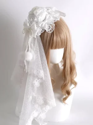 white lolita headdress with long lace veil and pearl chain trim back view showing double fluffy pom-pom accents