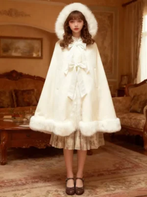 White gothic lolita hooded wool cape with faux fur trim and satin front bow, vintage parlor setting full front view