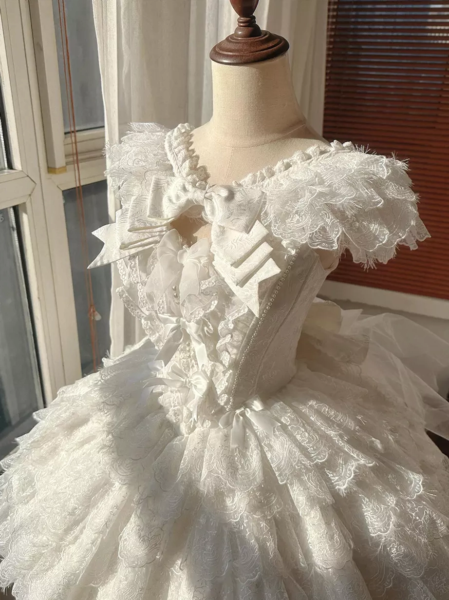 White Lolita JSK Dress Detailed Close-Up of Delicate Lace Bust and Voluminous Layered Tulle Skirt