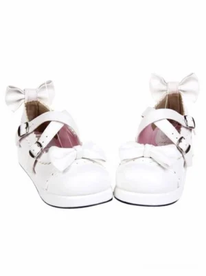 White sweet lolita Mary Jane platform flats with dual bows and cross buckle straps front view