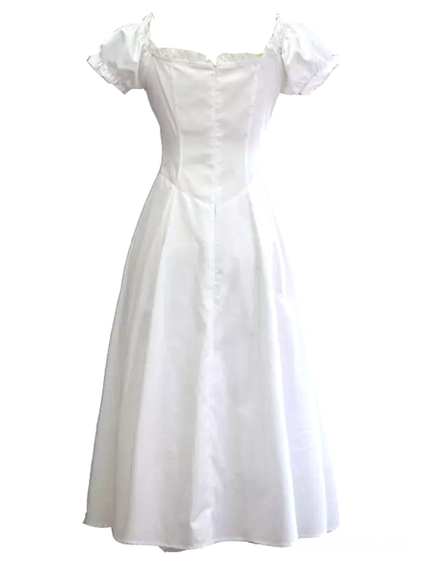 White vintage-inspired Lolita one-piece dress with fitted waist, puff sleeves, and smooth cotton fabric displaying structured A-line silhouette