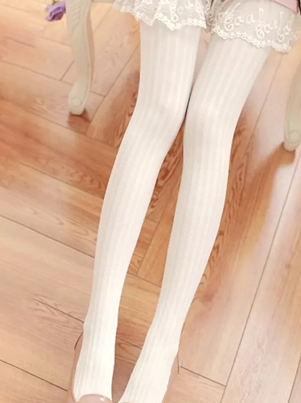 White opaque vertical ribbed Lolita tights full front standing view with lace skirt outfit coordination