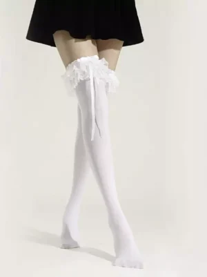 white lolita over-knee stockings with ruffled lace thigh cuffs and satin ribbon bows front view full leg display