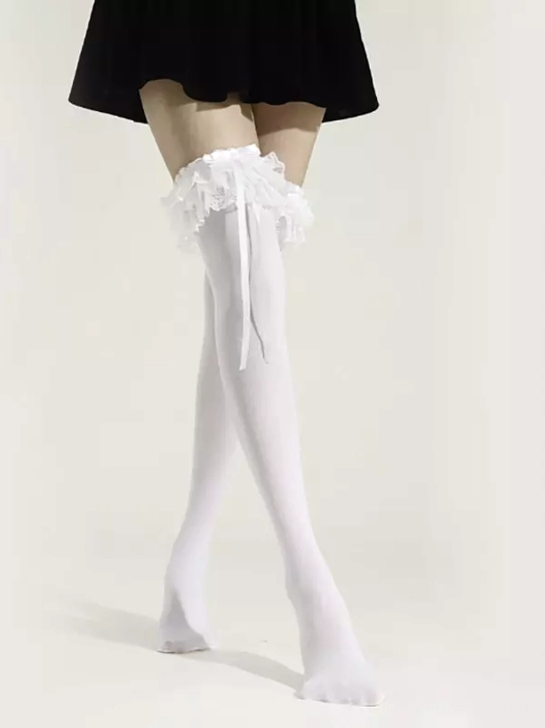 white lolita over-knee stockings with ruffled lace thigh cuffs and satin ribbon bows front view full leg display