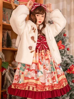 white lolita winter overcoat notched lapel brown toggle fasteners half-body medium shot paired with christmas print dress