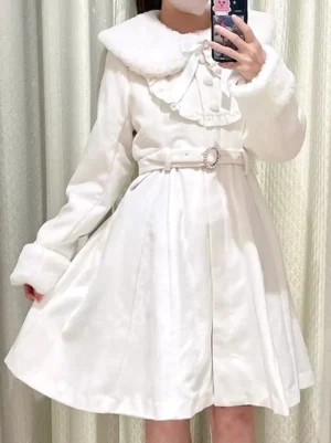 white plush collar lolita winter overcoat front selfie fitting room view with peter pan collar and diamond belt buckle
