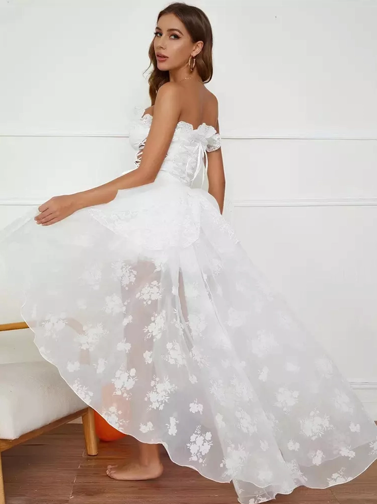 White vintage lolita wedding party dress on model - strapless sweetheart neckline, floral print tulle train with asymmetrical hemline - side rear view