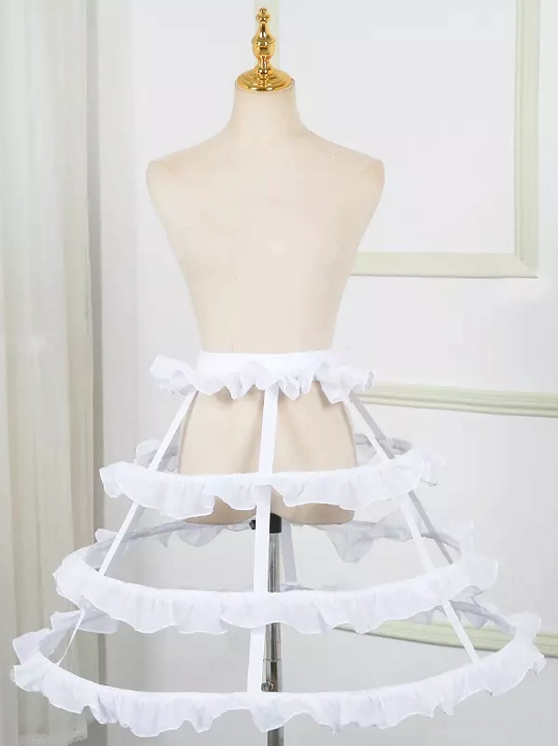 white lolita petticoat with 4 layered ruffled trim hoops three-quarter front view cage crinoline underskirt