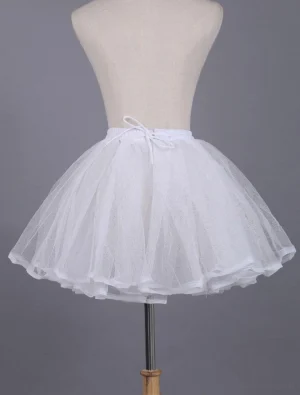 White tulle petticoat with drawstring waist closure layered design and satin hem edge showcasing adjustable fit for lolita fashion