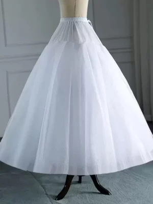 White lolita petticoat with elastic waist front view on dress form mannequin showing voluminous a-line tulle silhouette