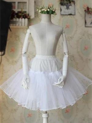 White fluffy lolita petticoat full front display showing elastic waistband multilayered tulle structure and ruffled hem