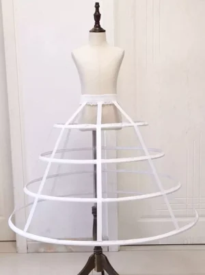White 4-layer lolita petticoat cage bustle with rigid boning hoops creating bell-shaped silhouette, front flat lay view on dress form