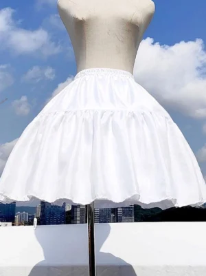 White lolita petticoat front close-up detail of tiered gathered skirt structure and plain hem design