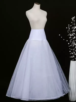 White lolita petticoat front full view displaying voluminous tulle bell-shaped skirt silhouette with high elastic waistband on dress mannequin