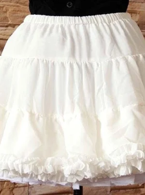 white lolita petticoat medium close-up front view showing multi-layered ruffled bottom tiers and off-white fabric tone
