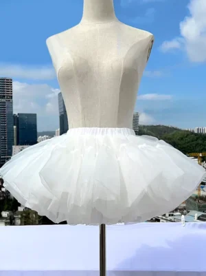 Pure white Lolita petticoat with voluminous fluffy tulle layers, direct frontal view showing complete symmetric rounded silhouette and elastic waistband design