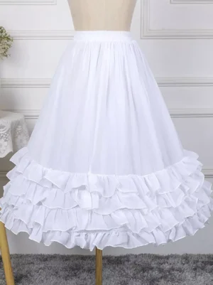 White Lolita crinoline petticoat rear full view on dress form showing multi-layered ruffled chiffon hem with cascading volume perfect for sweet and romantic Lolita coordinates