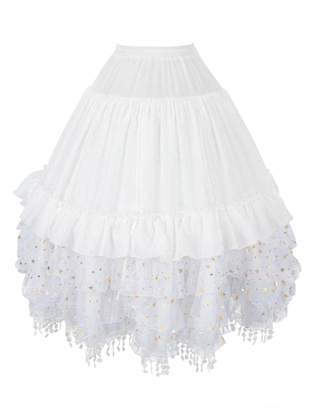 White layered Lolita petticoat with ruffled waistband star print tulle hem and tassel lace detailing