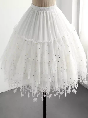 Celestial white lolita petticoat with tiered tulle and star sequins front three-quarter view on dress form