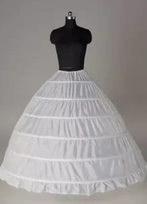 White lolita petticoat taffeta crinoline slip front view voluminous tiered bell silhouette on mannequin