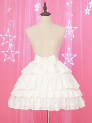 White Lolita petticoat full front view on mannequin showing tiered ruffles and bell silhouette with lace trim detail and back bow