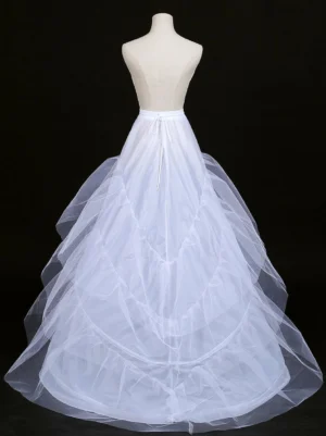 white tiered lolita petticoat front view on mannequin showing multi-layer tulle construction and classic A-line silhouette