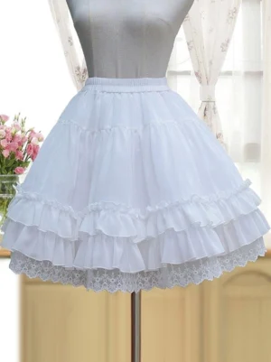 White Lolita petticoat underskirt front flat lay view elastic waist tiered ruffled layers lace hem trim mannequin display Victorian style