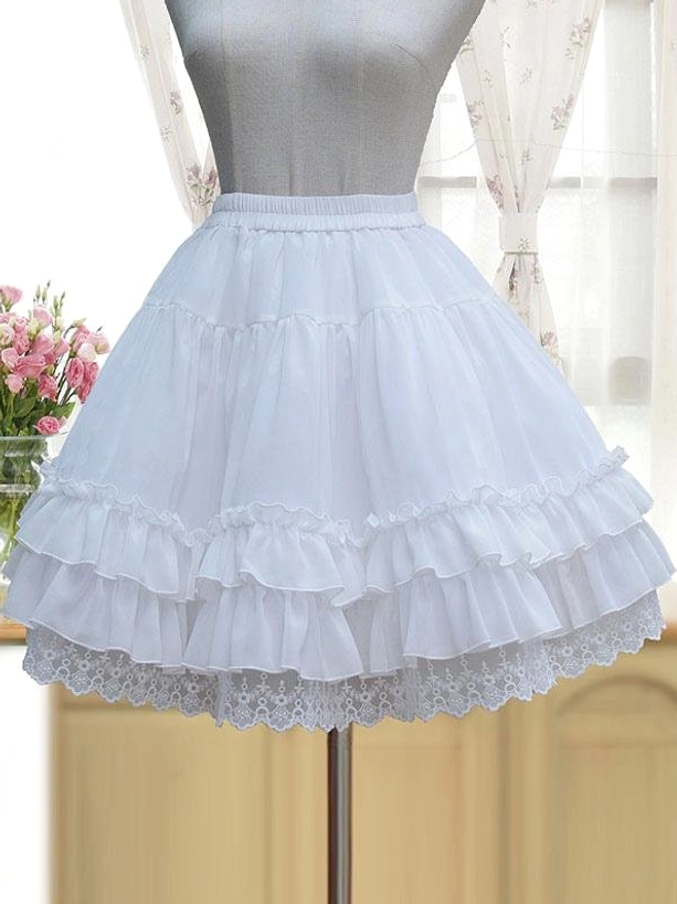 White Lolita petticoat underskirt front flat lay view elastic waist tiered ruffled layers lace hem trim mannequin display Victorian style