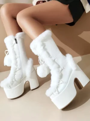 white lolita boots low side angle fuzzy fur trim pom-pom decor thick platform sole