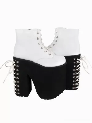 gothic lolita white platform ankle boots left side front view with black heel lace-up hardware