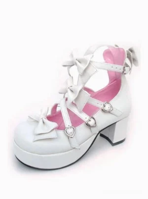 single white lolita heel shoe three-quarter front view showing cross ankle straps chunky block heel