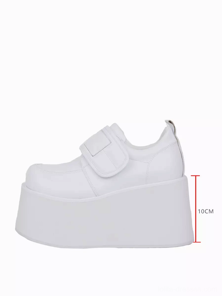 Single white lolita platform pump lateral rear view with height marker showing 10cm thick wedge heel heel pull tab PU leather construction