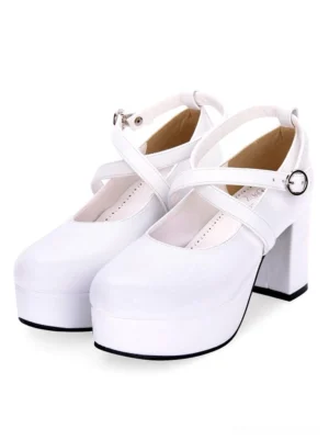 White classic lolita cross-strap platform pumps front three-quarter view showing smooth leather round toe chunky block heel and adjustable buckle strap design