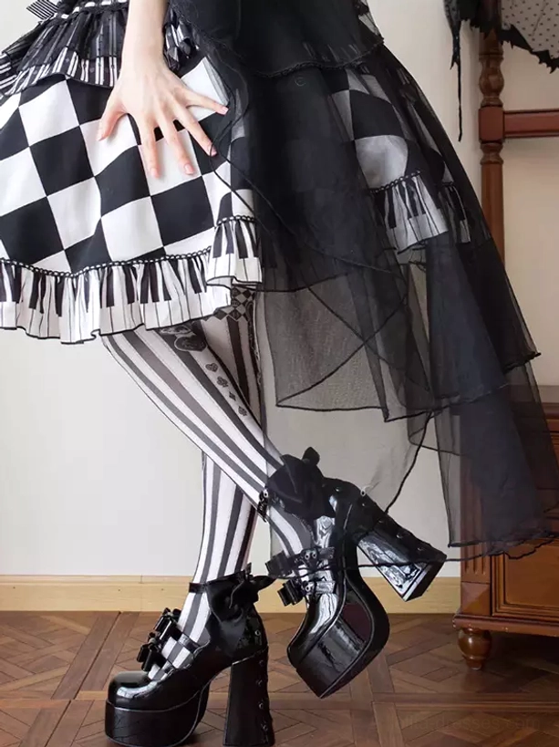 White lolita platform pumps with multiple ankle straps, front and back bow details, and chunky heel for stable comfortable wear at fashion events