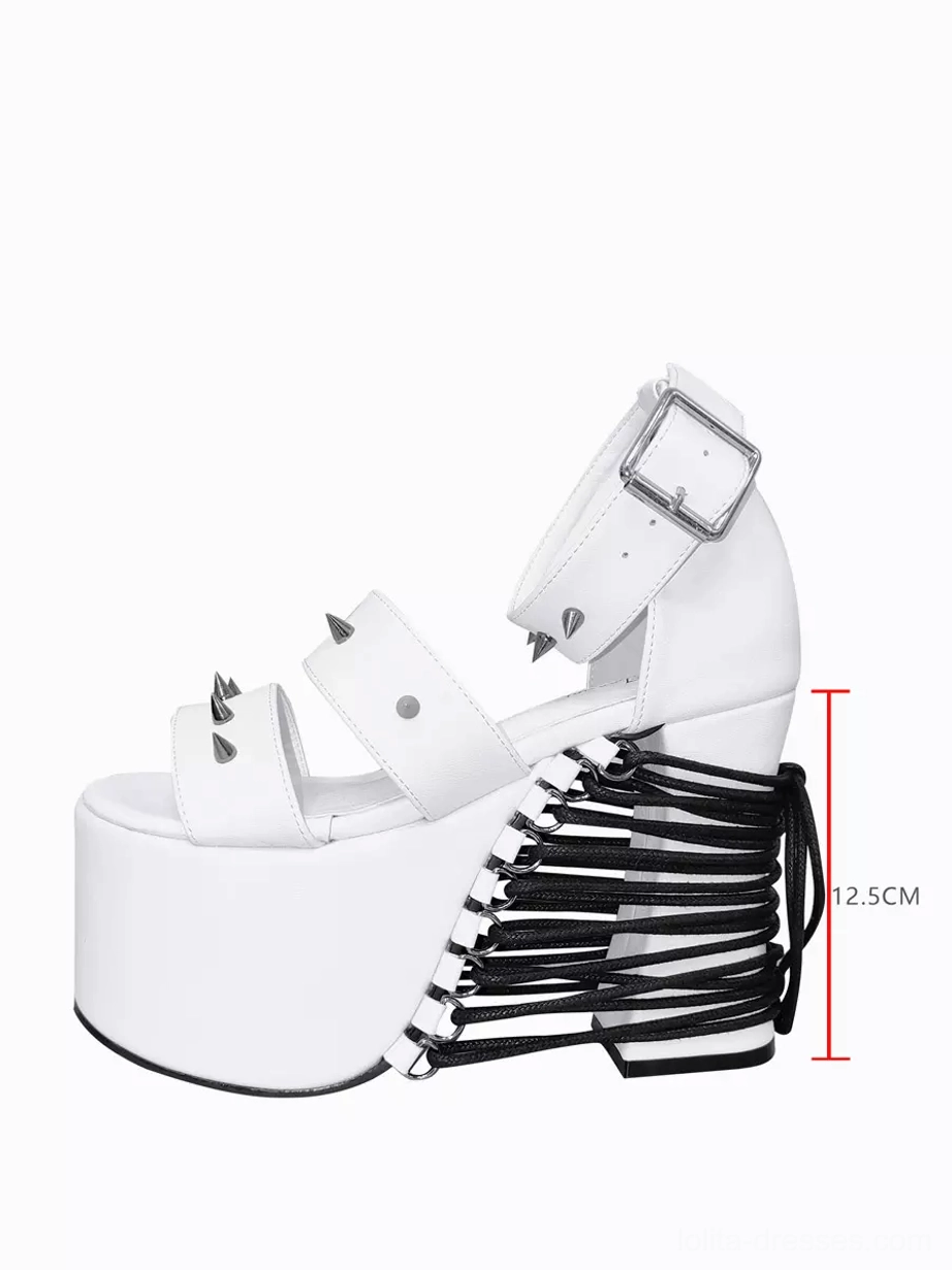 White studded platform Lolita sandals side flat lay view with size measurement marker showing 12.5cm tall platform heel, peep toe design, rivet straps, and black lace-up back detail