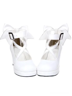 White chunky platform lolita shoes front view ankle strap buckle round toe decorative bow