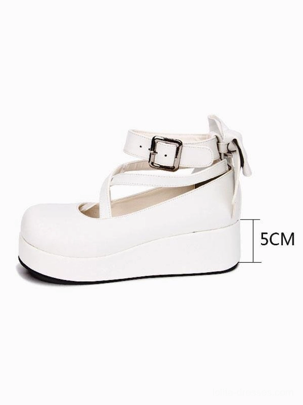 White Lolita platform wedge shoe featuring 5cm heel height, ankle buckle strap system, and platform sole, side profile view