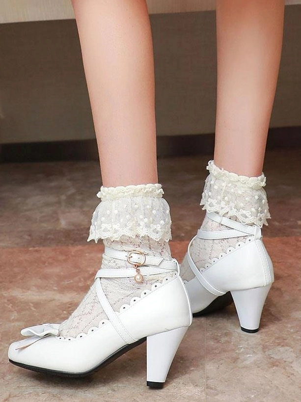 White lolita prism heel shoes back view showing ankle buckle strap and block heel with ruffled lace socks