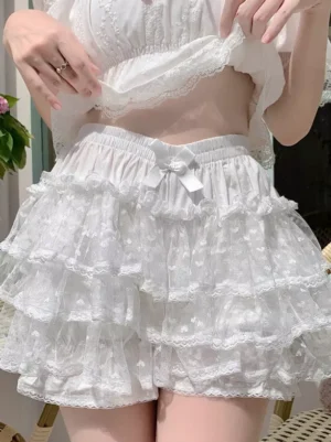 white lolita pumpkin bloomers front view multi-layered lace ruffles waist bow sweet lolita safety shorts