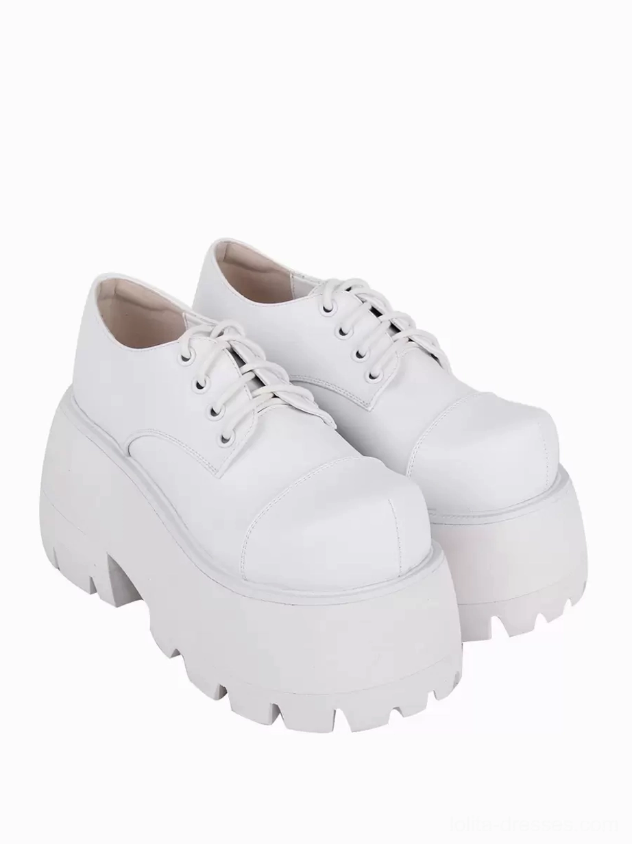 white lolita platform pumps three-quarter front paired view smooth pu leather lace-up design gothic aesthetic