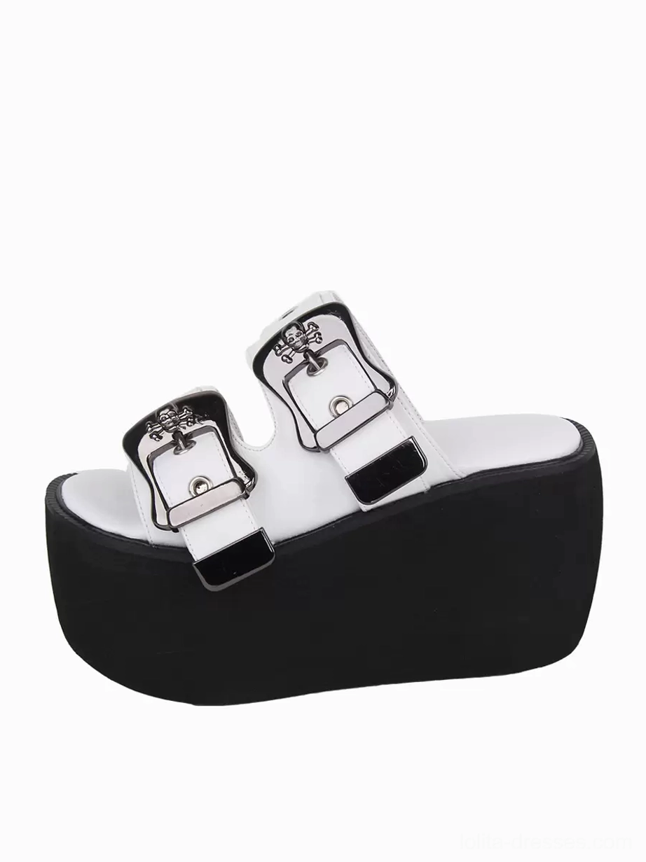 White gothic lolita sandal front side view with two adjustable straps silver skull buckles thick black sole alternative fashion footwear