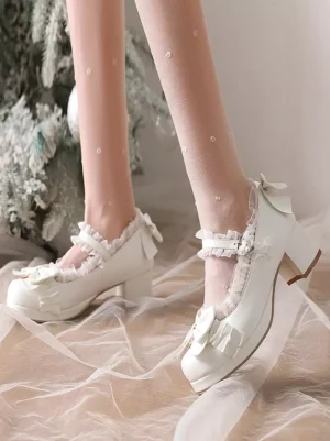 White Lolita block heel Mary Jane shoes rear side on-foot view with back bow decoration and ruffled trim, paired with polka dot sheer hosiery