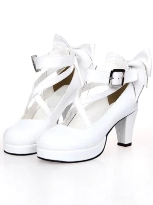 White lolita high heel shoes three-quarter rear view chunky block heel large back bow details