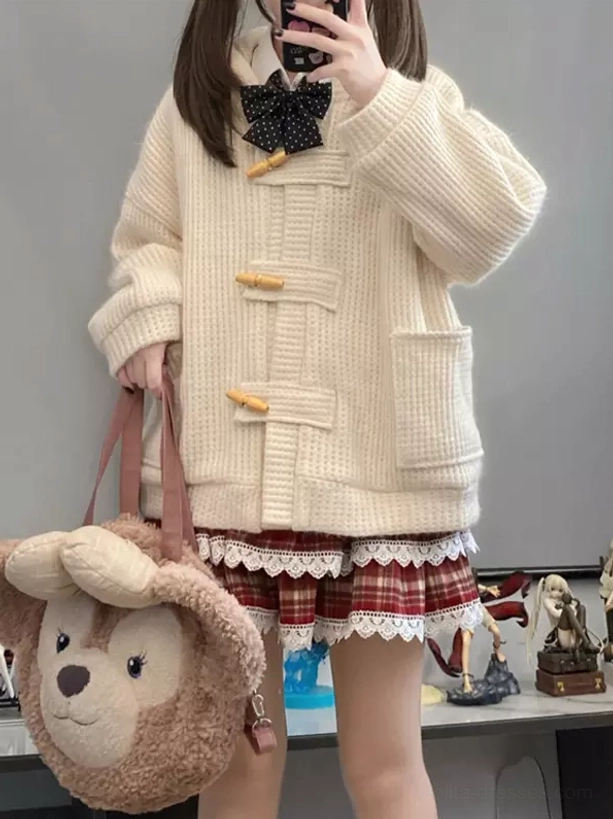 classic white sweet lolita toggle coat waffle knit with horn buttons oversized patch pockets versatile coordinate piece