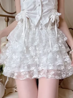 matching lolita two-piece white set with cropped satin top and tiered lace bloomers front shot